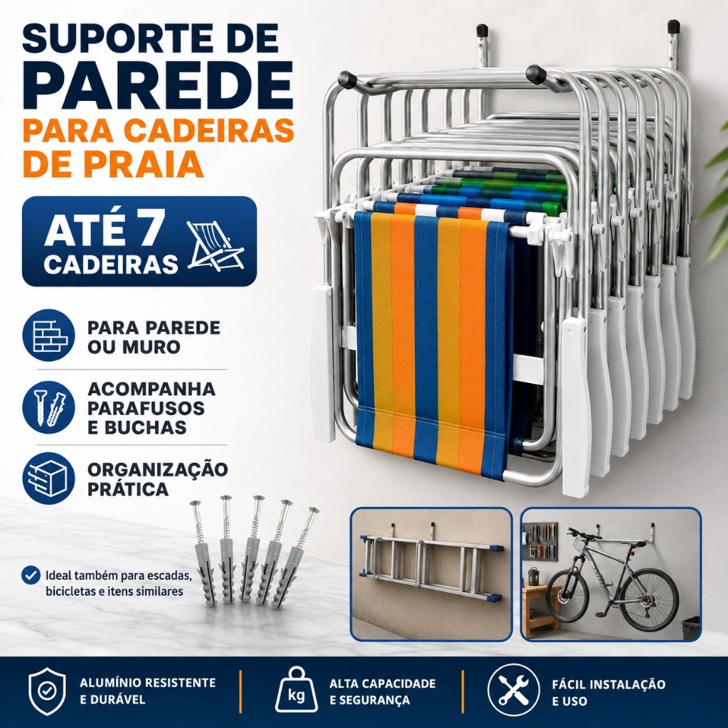 Suporte Fixo para Parede em Alumínio Grande Universal Pendurar Cadeira de Praia Bicicleta