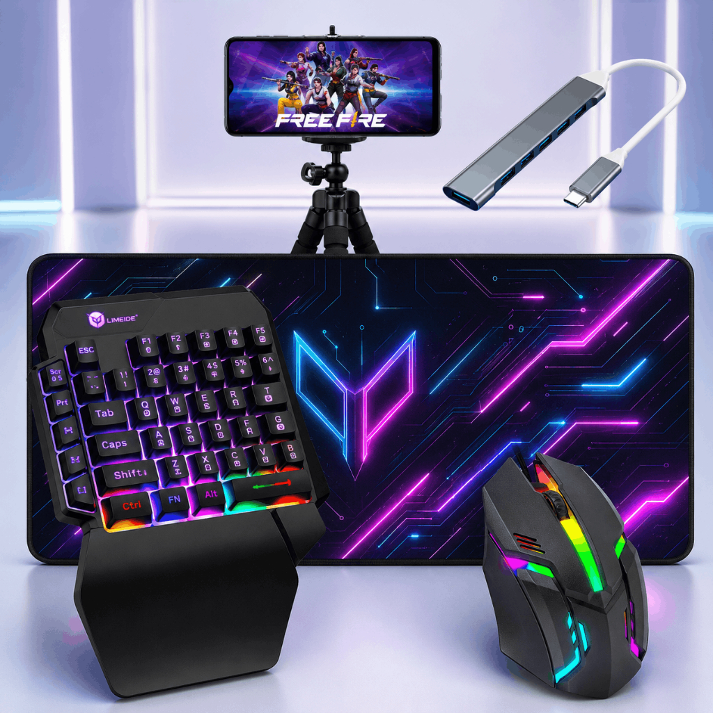 Kit Gamer Mobilador Completo Hub Tipo C Teclado Mouse 1600 DPI Mousepad 30x90cm Suporte Tripé