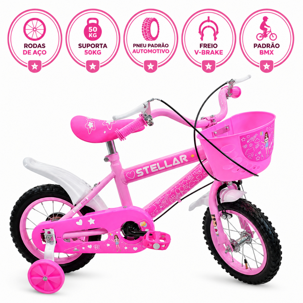 Bike Aro 12 RODA DE AÇO - Menina 2 a 7 anos - Durável C/ Pneu Automotivo Freios V-BRAKE