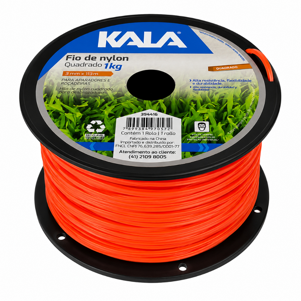 Fio Nylon Quadrado 3mm 113m 1kg KALA Para Roçadeira Alta Resistência