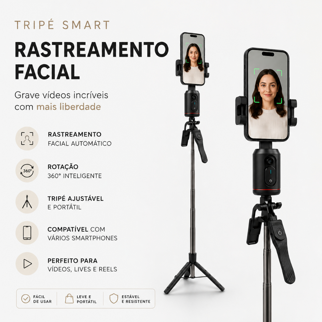 Tripé Suporte Celular Giratório Inteligente Automático 1,6m Gimbal c/ Sensor Movimento Estabilizador
