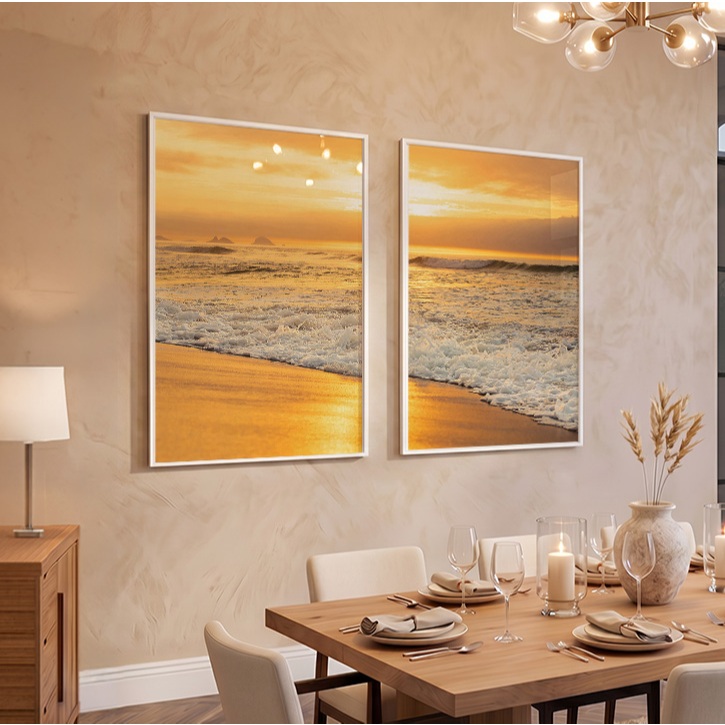 Quadro Paisagem Praia Grande Quadros Decorativos Sala Com Moldura Quadro Mar Ondas Pôr Do Sol Duo