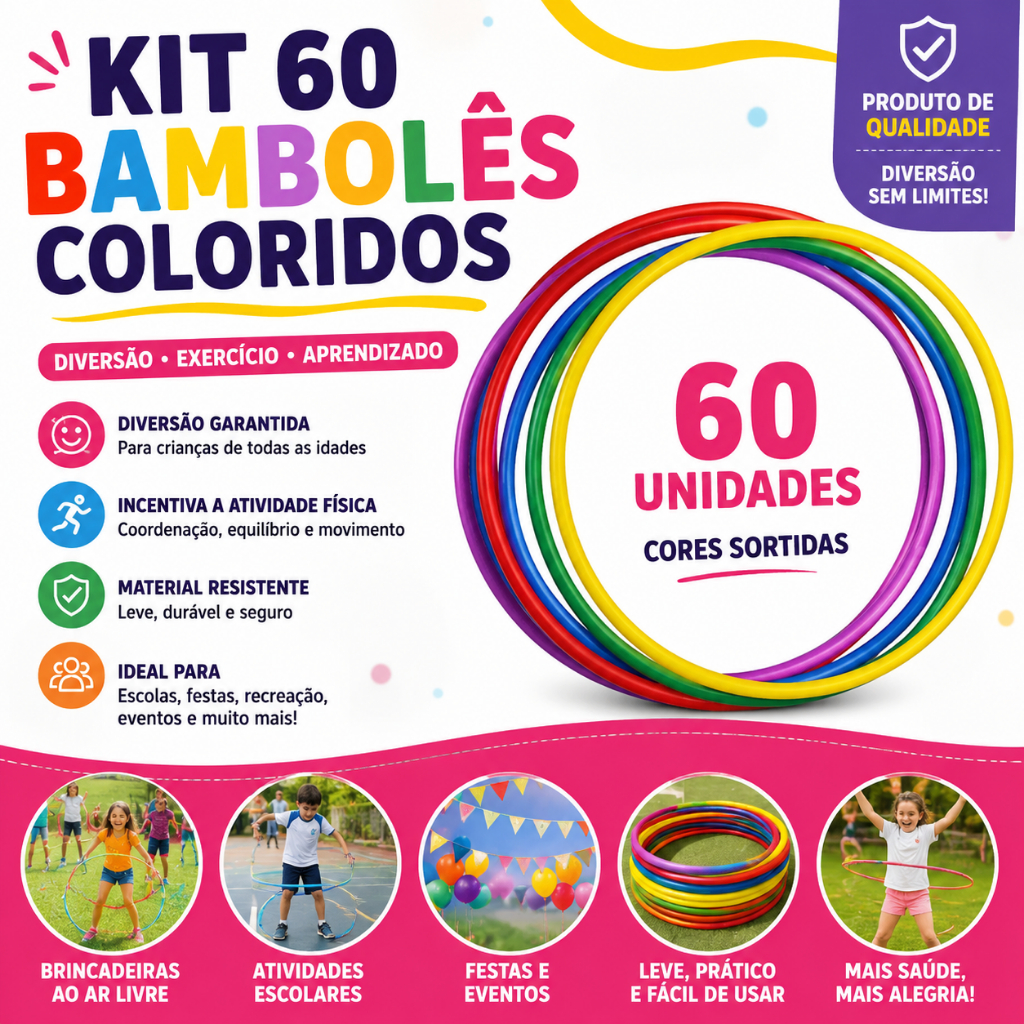 Kit 60 Bambolês Coloridos 65cm Infantil Escolar Festa Recreação Educação Física Brincadeiras Decor
