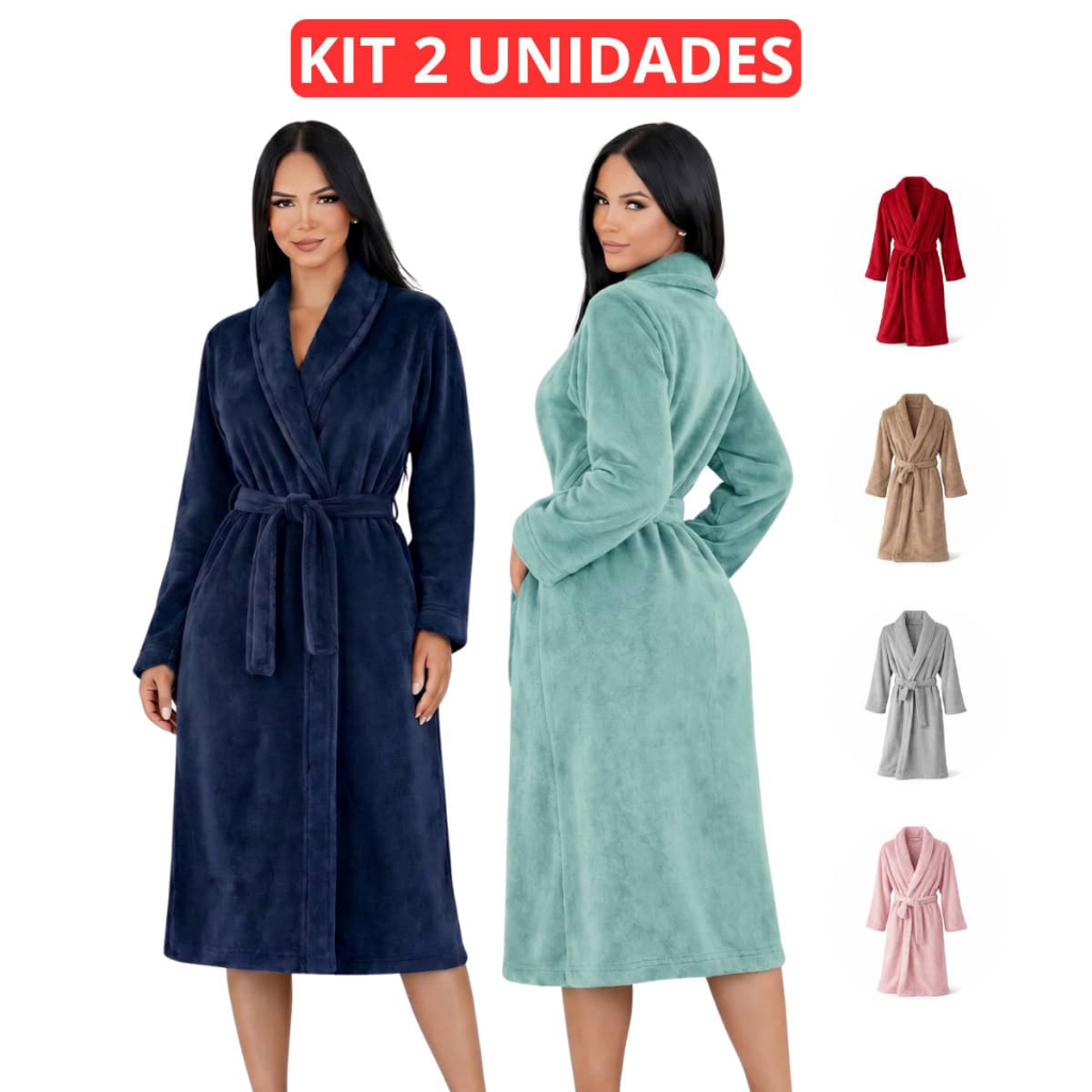 Kit 2 Unidades Roupão Plush Microfibra Adulto Extra Macio Unissex Várias Cores Tamanho M e G