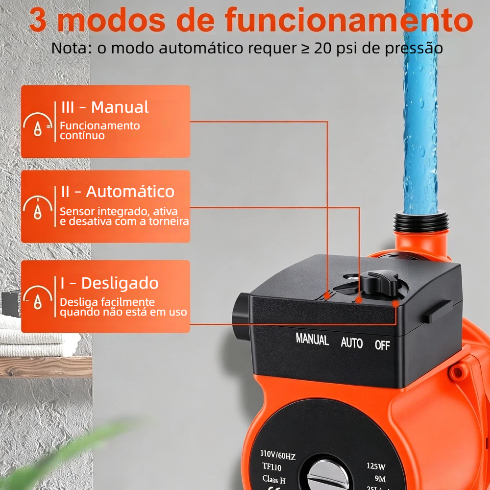 Bomba Pressurizadora 220V 120W | Vazão 1800L/H, 9 mca, Fluxostato Automático, Corpo Cobre e Ferro Residencial — imagem 2 de 2