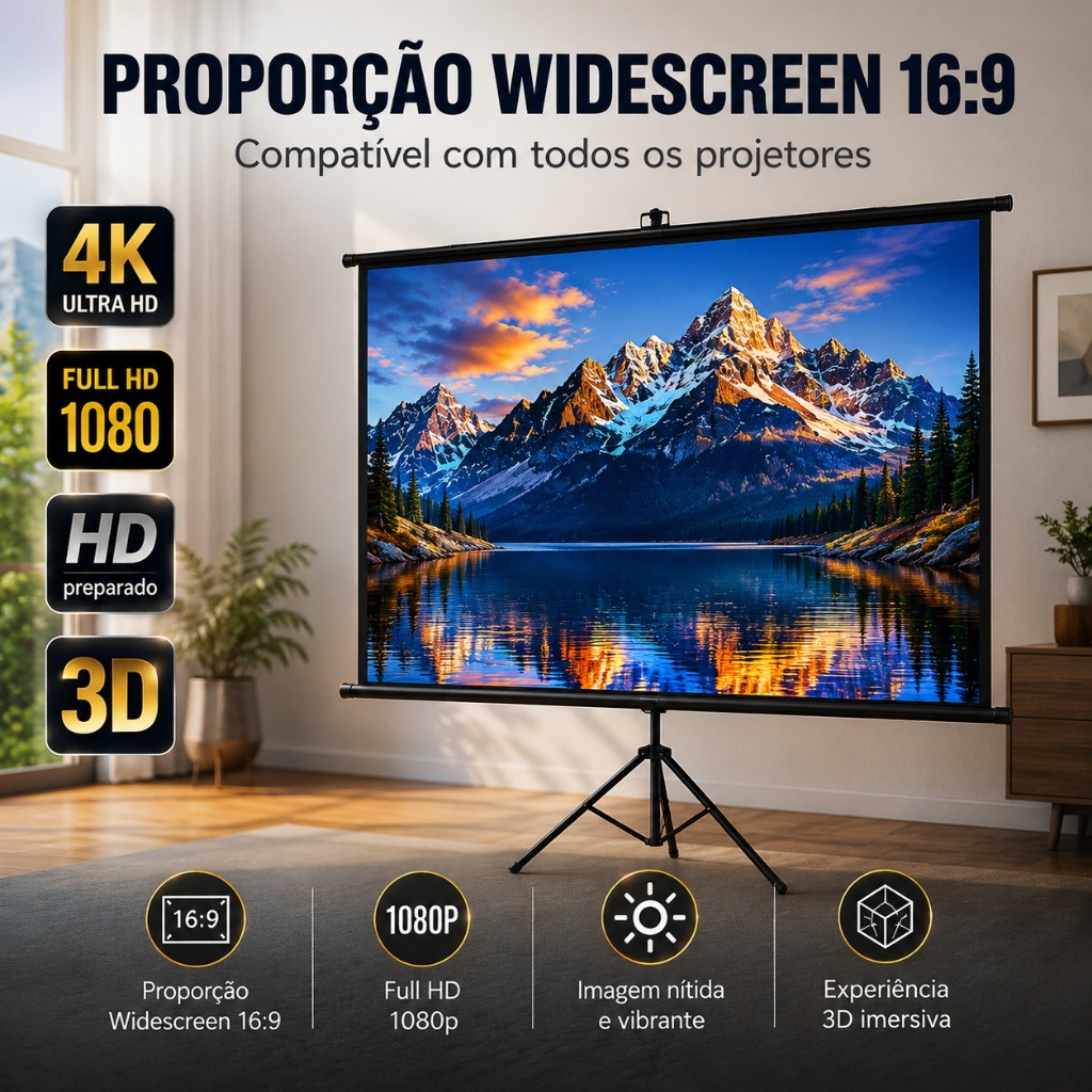 Tela para Projetor 84 Polegadas Tripé Portátil Dobrável Anti Reflexo Full HD 4K Home Theater