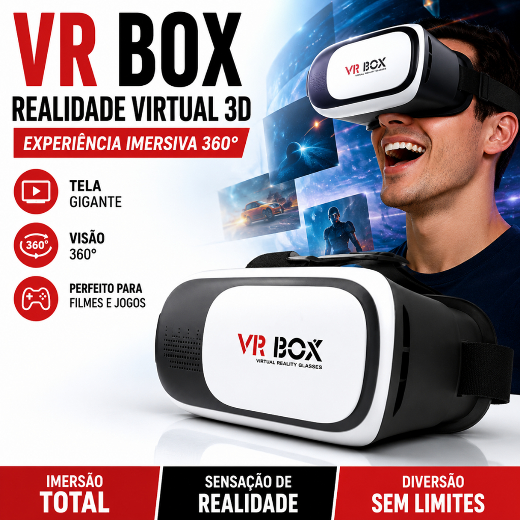 VR Box Óculos Virtual Reality 3D | Efeito Cinema Panorâmico para Vídeos, Games e Conteúdos VR