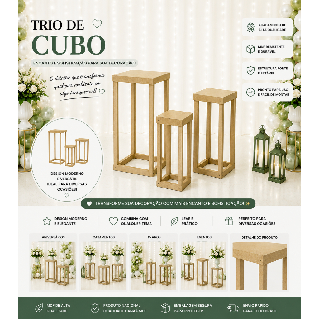 TRIO 03 PEÇAS de Mesa CUBO VAZADO  Quadrado Provençal Cubo Decoração Aniversário Mdf
