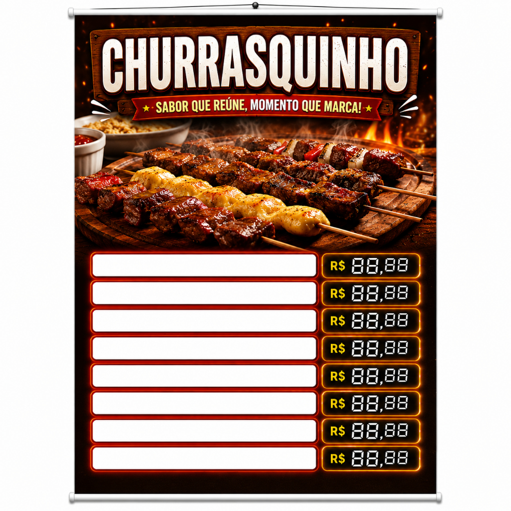 Banner Venda de Churrasquinho espaço para você escrever produzido em lona. Cartaz Propaganda Carrinhos Barracas de Feira