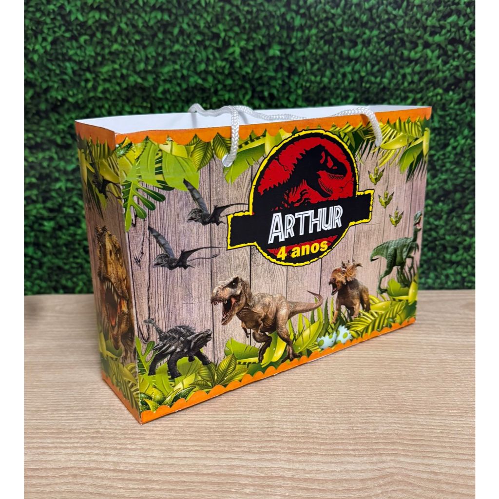 Sacolinha Surpresa G Jurassic/Dinossauro/T-rex Personalizada com nome Festa Infantil Chá Aniversário Lembrancinhas