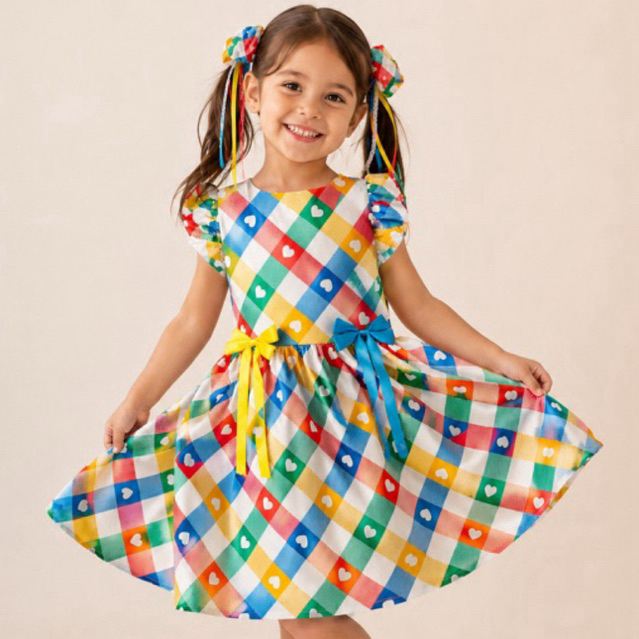 Vestido Infantil Floral Xadrez Caipira Festa Junina Menina Brasil Copa
