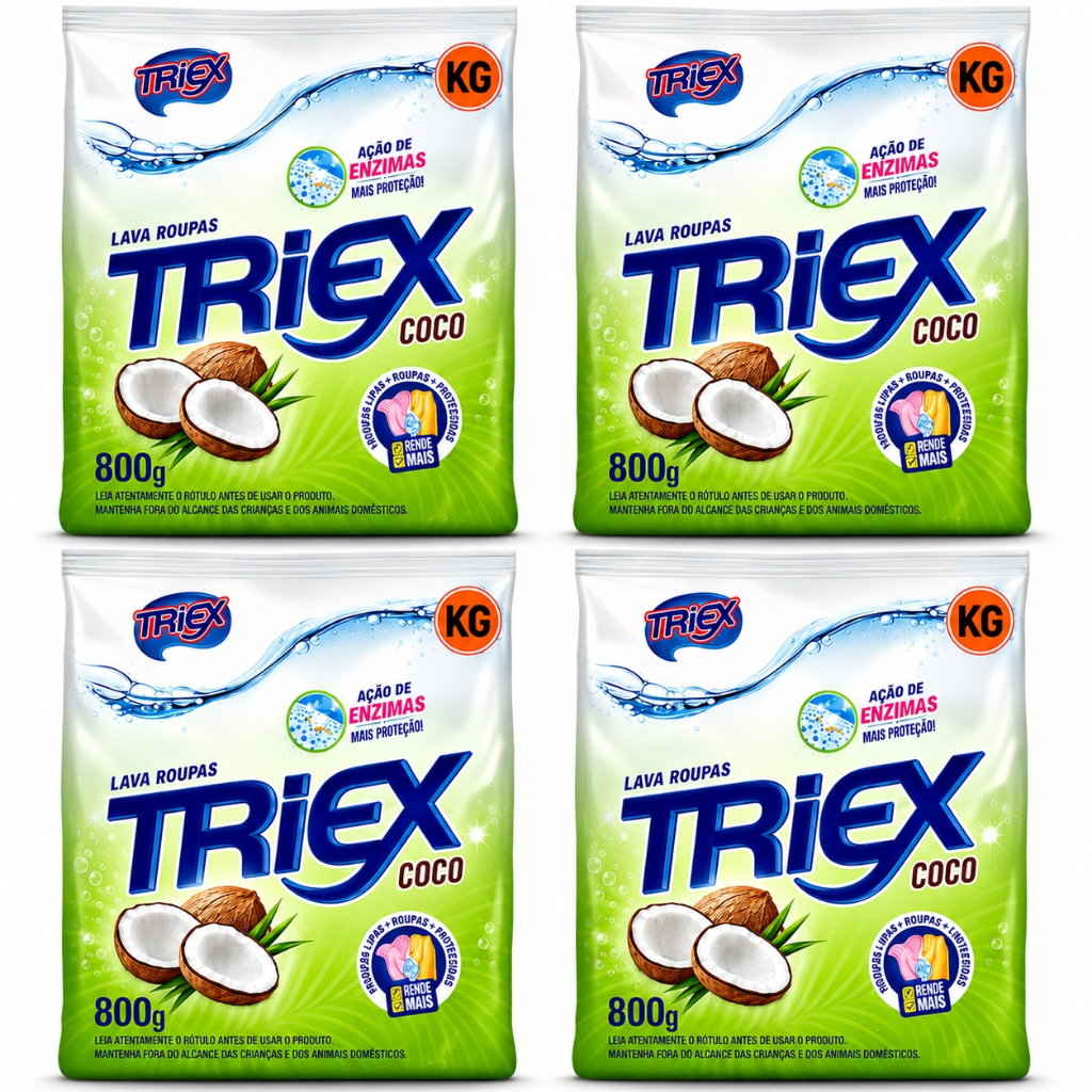 Kit 4 Sabão em Pó Triex Coco 800g - Limpeza Profunda com Perfume Exclusivo 3.2KG