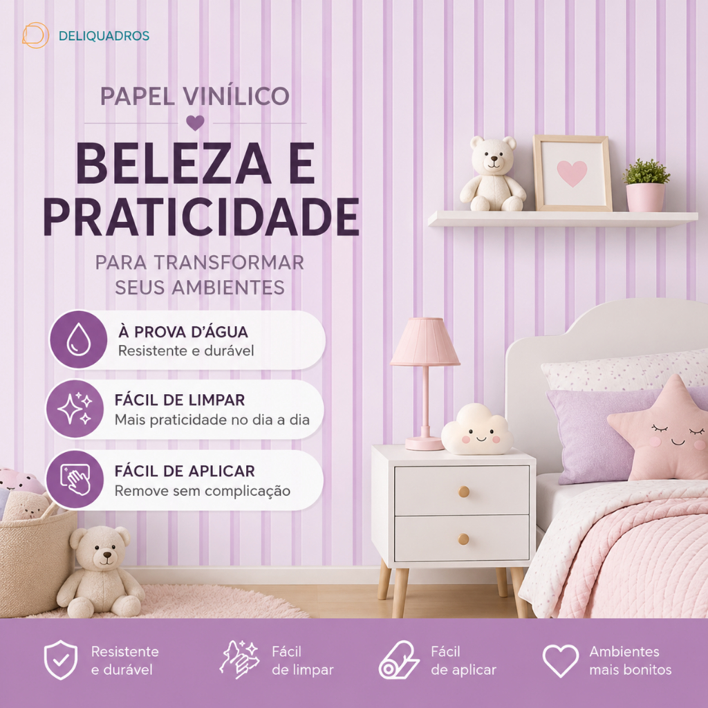 Papel De Parede Listras Lilas Para Quarto Infantil Menina - 6 Metros