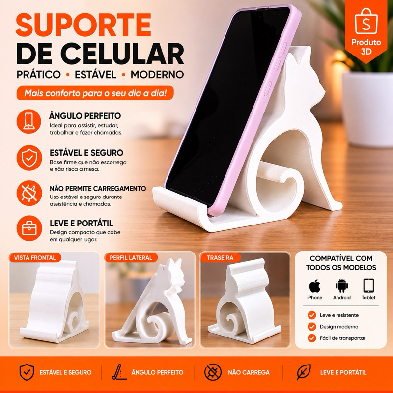 Suporte para Celular Gatinho Decorativo – Porta Smartphone Minimalista 3D