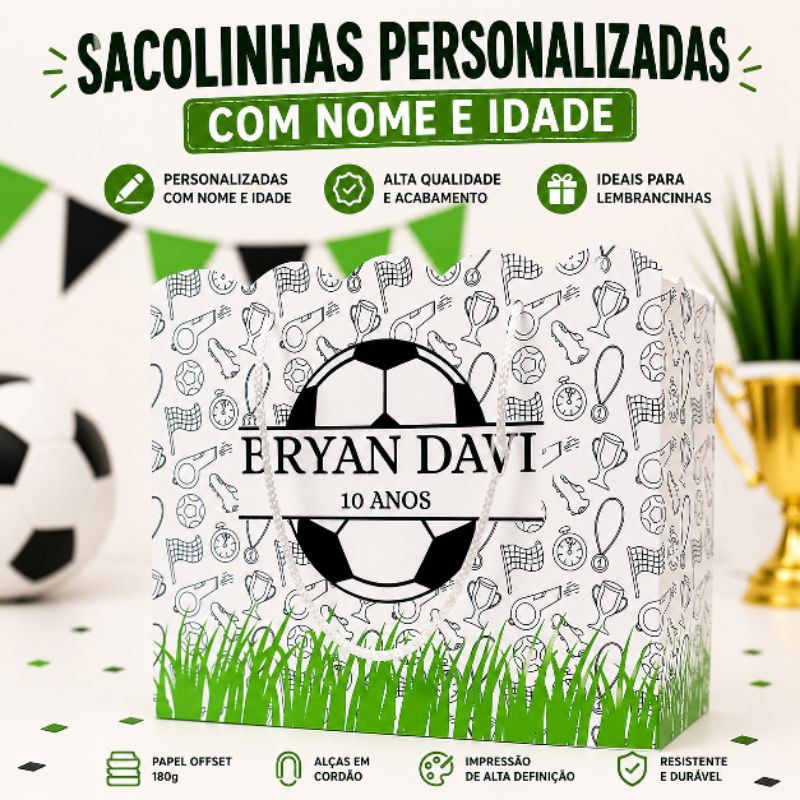 Sacolinha Personalizada Futebol Infantil com Nome e Idade Lembrancinha Luxo Festa Aniversário Papel 180g