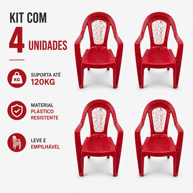 Kit 4 Poltronas Cadeiras Roseane Vermelha Resistente Plásticas Empilháveis Casa Jardim Cozinha Bar Restaurante