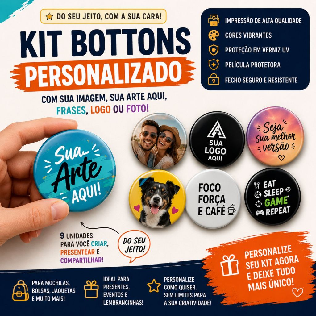 Kit 9 Bottons Personalizados com Foto, Frases e Logo – Pins para Ecobag, Mochila e Jaqueta