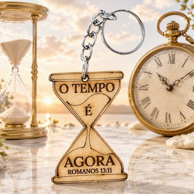 KIT CHAVEIRO AMPULHETA O TEMPO É AGORA, MDF, DECORAÇÃO, FESTA, IGREJA