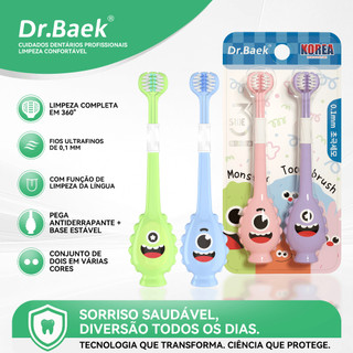Dr.Baek Escova Dental Infantil U-Shape 3 Lados Limpa,Cerdas 0.1mm Macias+Raspador Língua,3-12 Anos