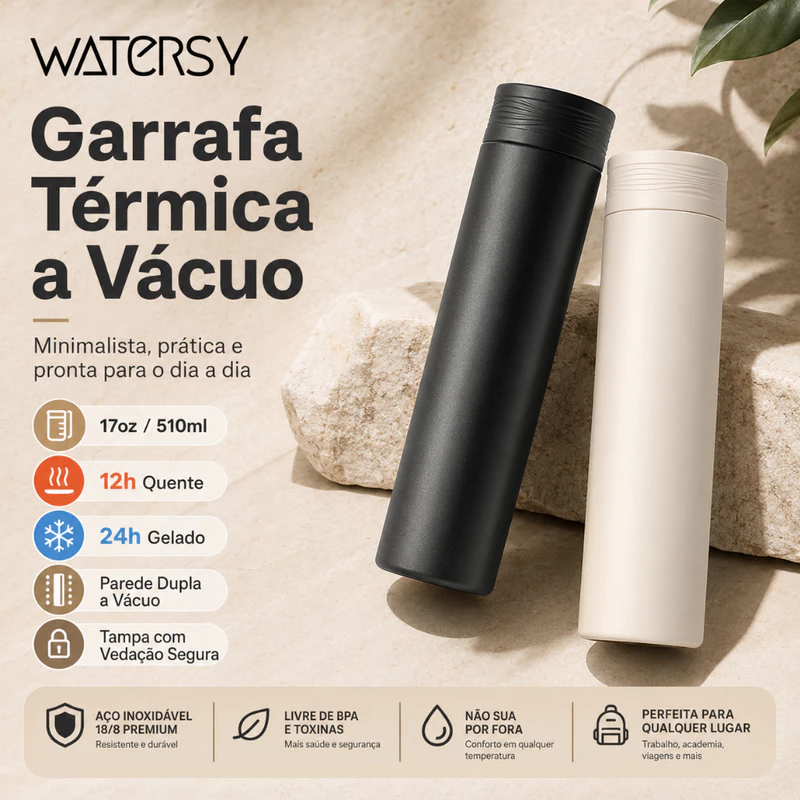 Garrafa Térmica Watersy 510ml em Inox 18/8 a Vácuo Antivazamento