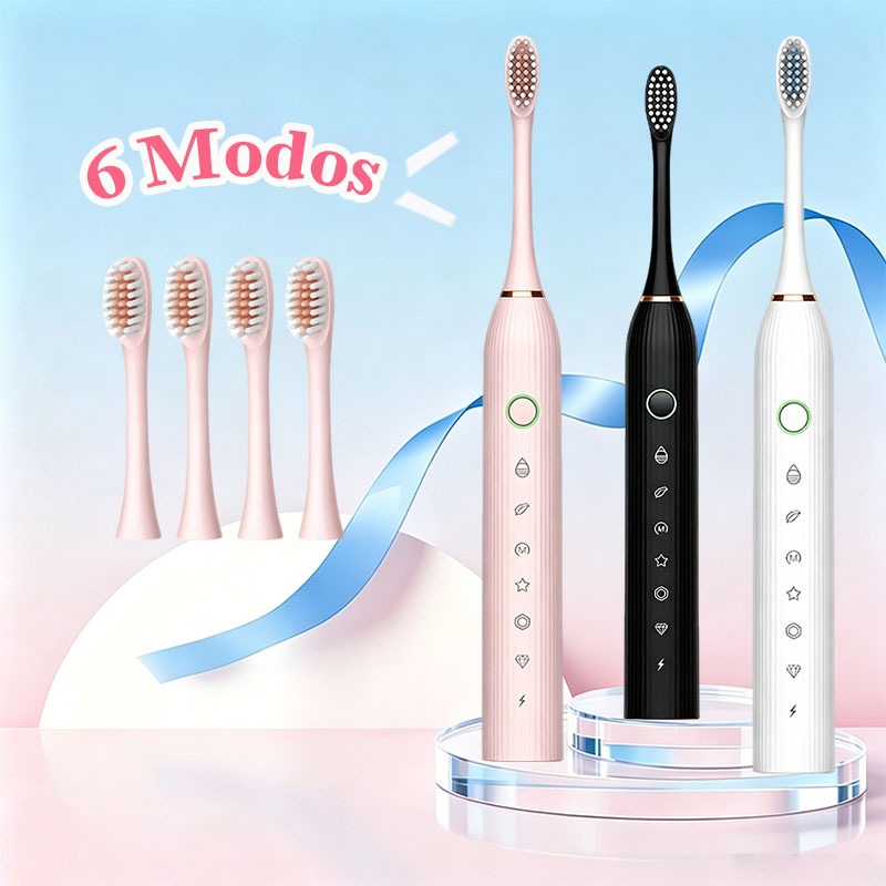 Escova de Dente Elétrica Sônica recarregável 6 Modos Longa Duração IPX7 com 4 Refis e Proteção Gengival-Cerdas Macias