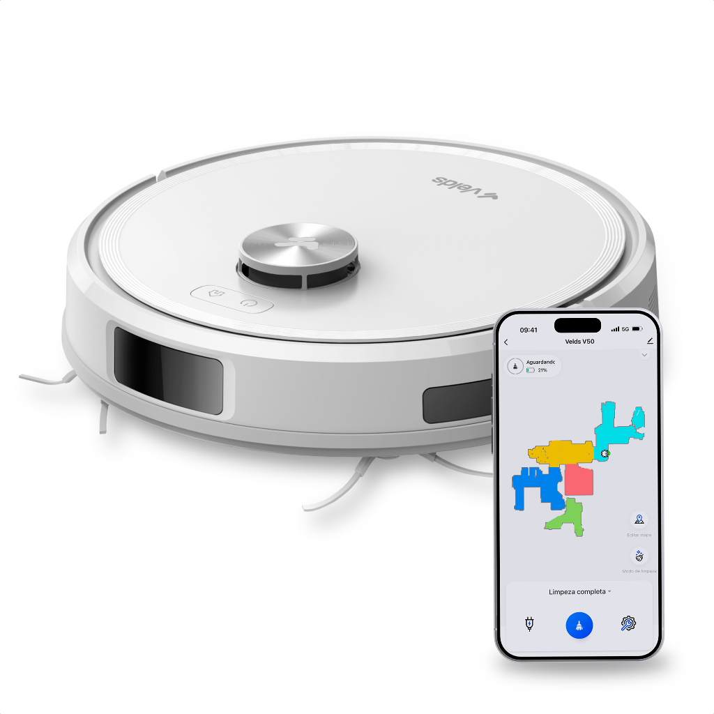 Robô Aspirador Velds V50, 3 em 1 Mapeamento Avançado, Sensor Antiqueda 10000pa, Branco