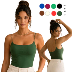 Blusa Feminina Alça Fina Elástico Suplex Dupla Forrada Malha Copa Básica Casual Blogueira Gringa