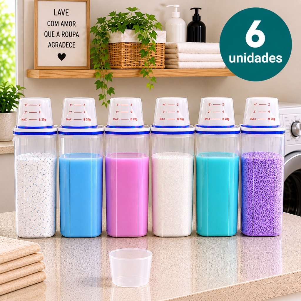Kit 6 Potes Herméticos 2L Para Lavanderia Com Vedação P/ Sabão em Pó Amaciante Produtos de Limpeza Organização Total