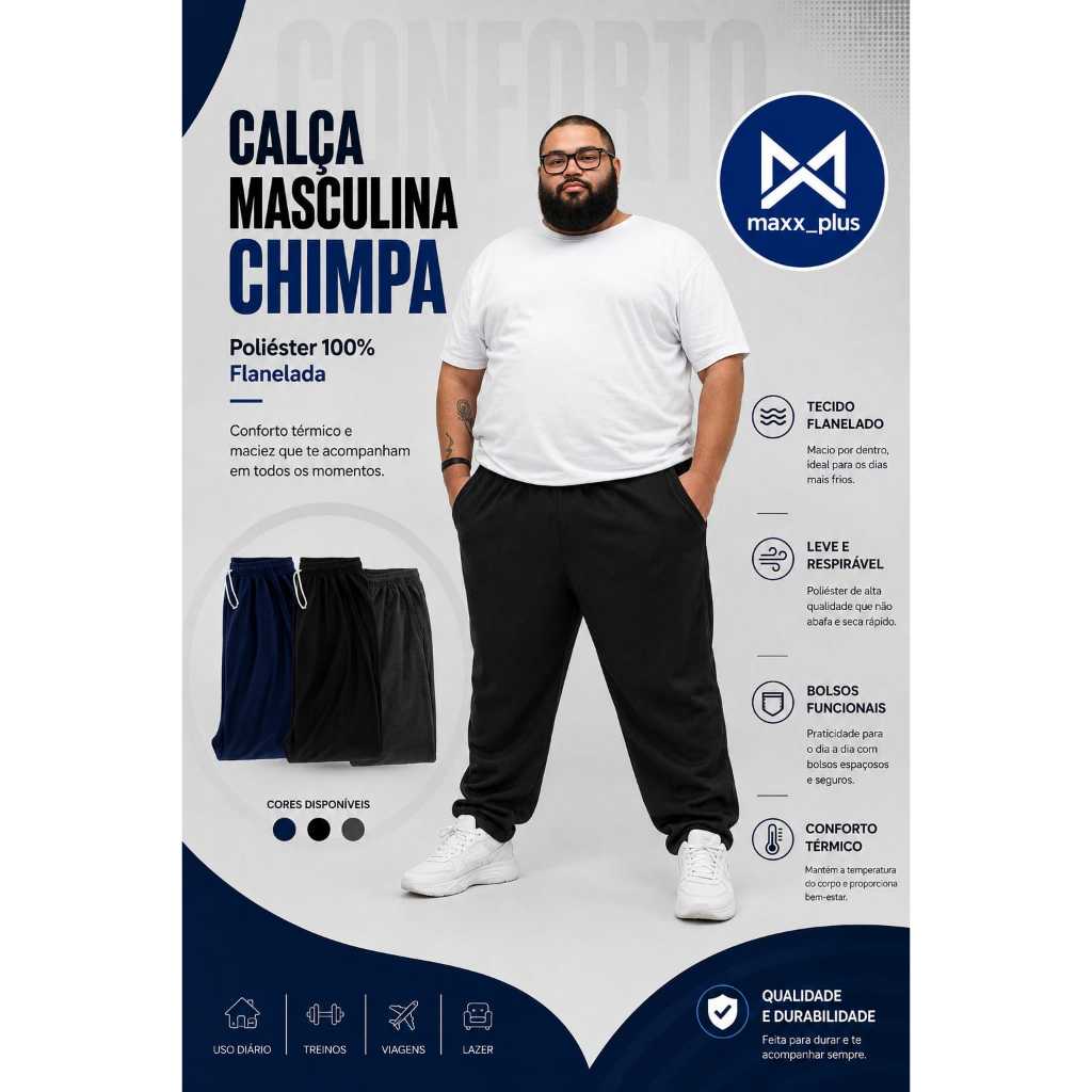 Calça Chimpa Plus Size Masculina Esportiva Flanelado Lisa com Bolso Academia e Treino Cross