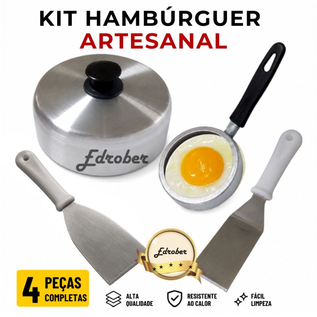 Kit Abafador Hambúrguer Alumínio Aro Modelador Fritar Ovo Espátula Curva e Reta Inox Burguer Artesanal