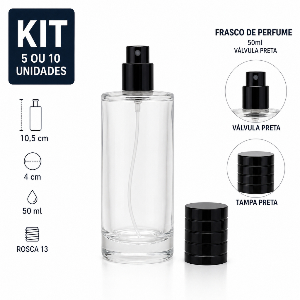 Kit 5 ou 10 Frascos de Perfume 50ml Vidro Spray Tampa Preta para Essência Aromatizador Lembrancinha Perfumaria