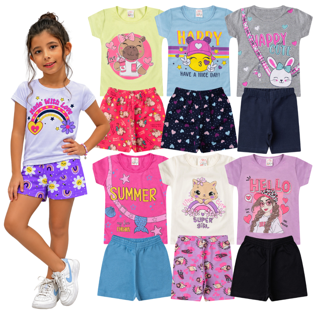 Kit 4 Peças Roupa Infantil e Juvenil Menina Verão 2 Blusas + 2 Shorts Feminino Sortido 1 ao 14