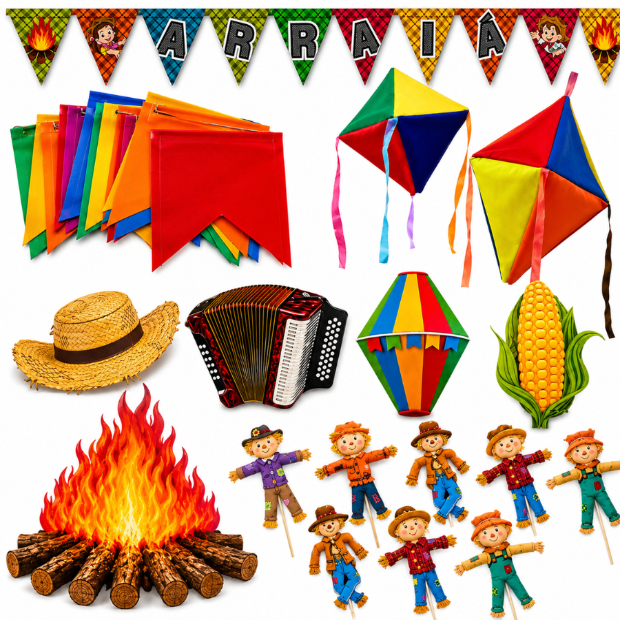 Kit Completo Decoração Grande Festa Junina São João Arraial Escolas Barracas Decorativa Premium Com Bandeirinhas