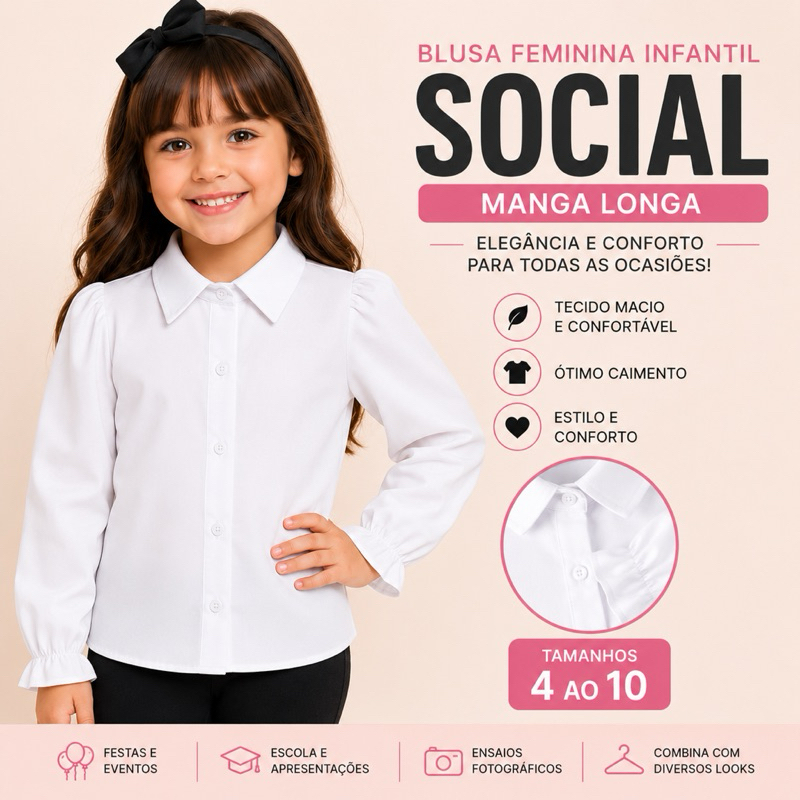 Blusa Social Infantil Branca Manga Longa Gola Colarinho Princesa 4 ao 10