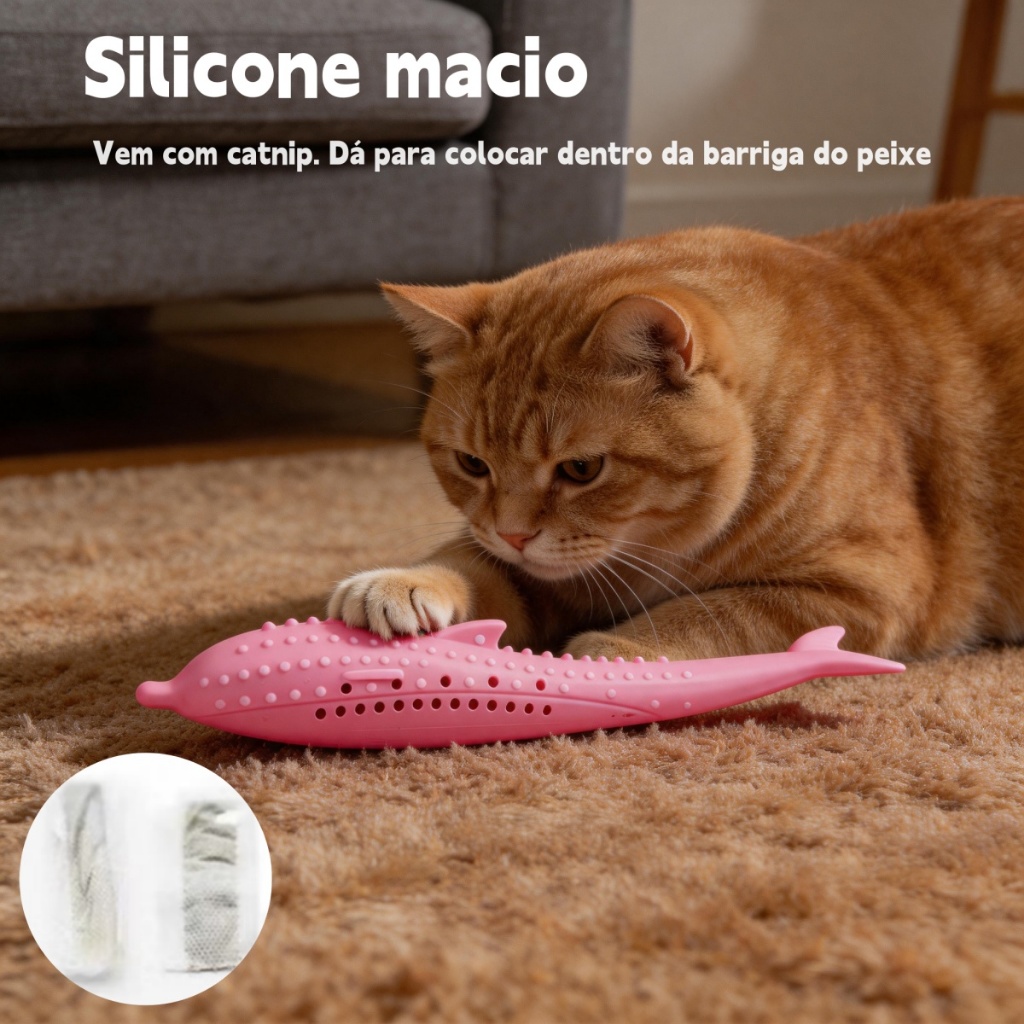 Brinquedo Peixe de Silicone p/ Gatos – c/ Catnip Grátis – Roer, Limpar os Dentes e Relaxar – Pronta Entrega