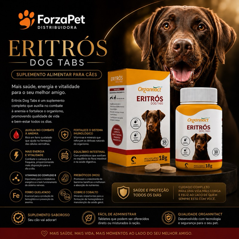 Eritrós Dog Tabs Organnact 30 Tabletes | Suplemento Nutricional para Cães | Ferro Quelatado, Vitaminas e Prebióticos