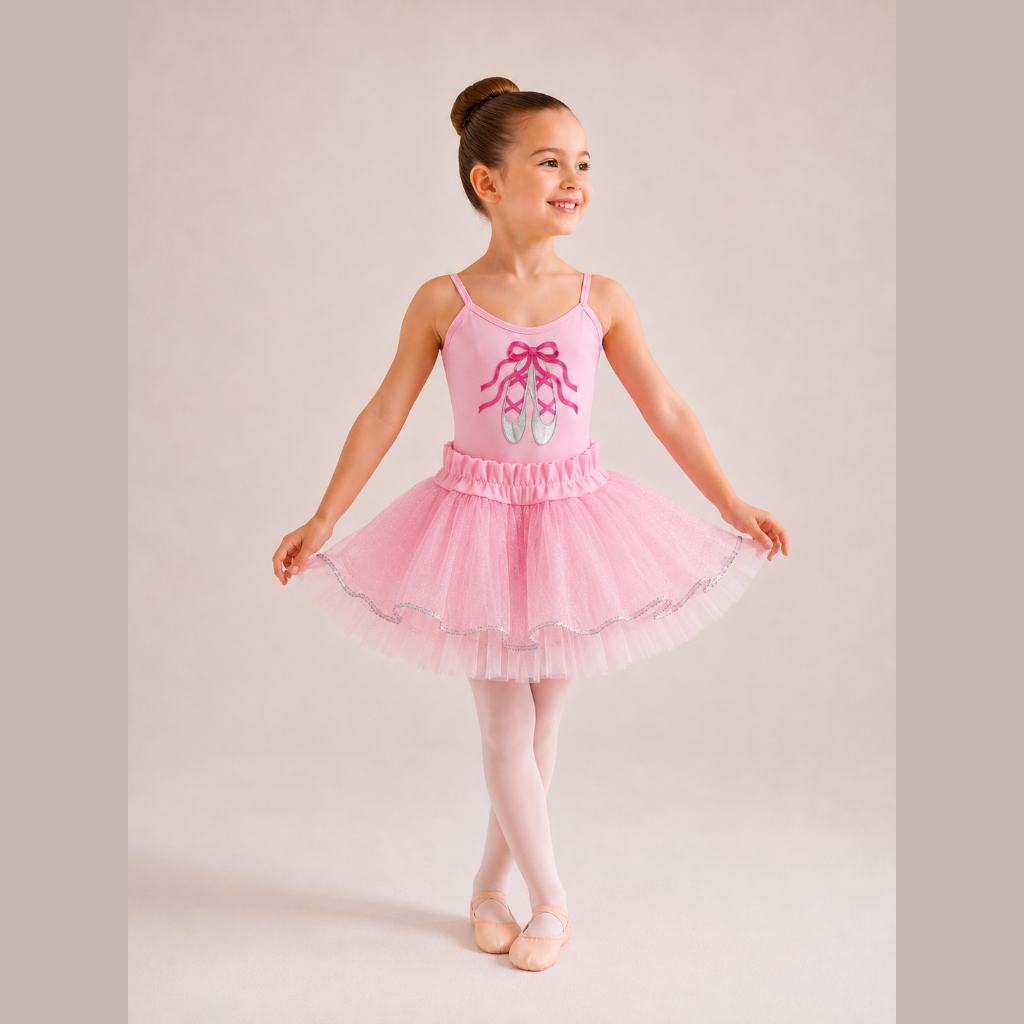 Kit Ballet Infantil Conjunto Collant Estampa Sapatilhas Com Saia Em Tutu Glitter
