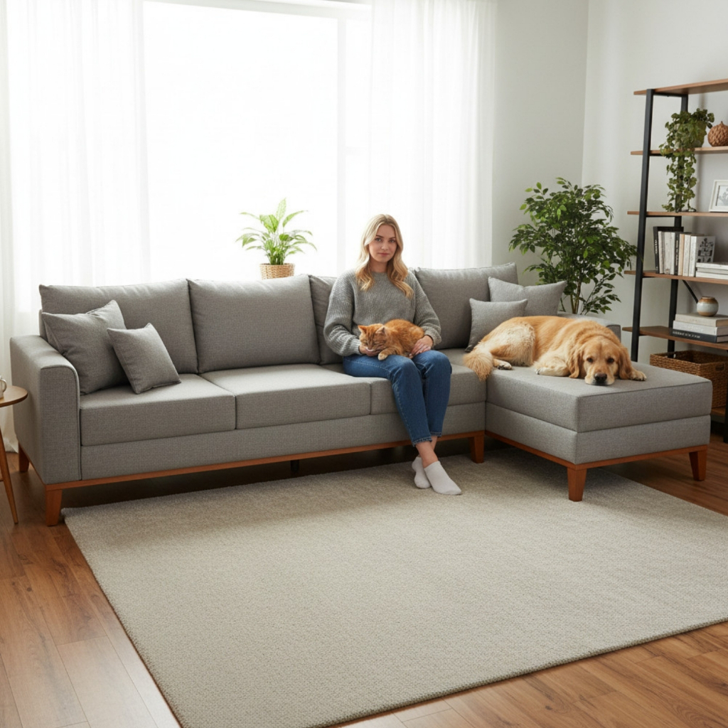 Sofá 4 Lugares Beny com Chaise Direito Linho Cinza