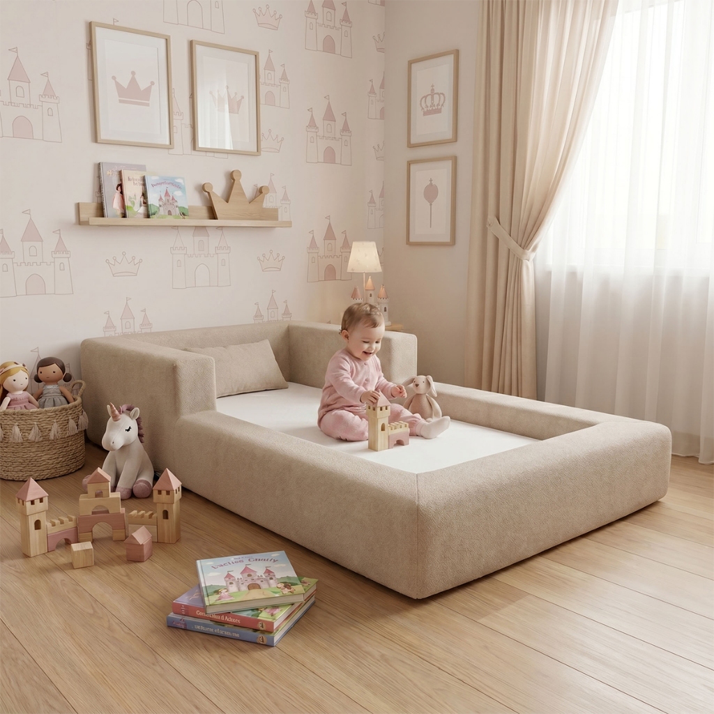 Cama Montessoriana Solteiro Aconchego 100% Espuma premium Bege Keiko