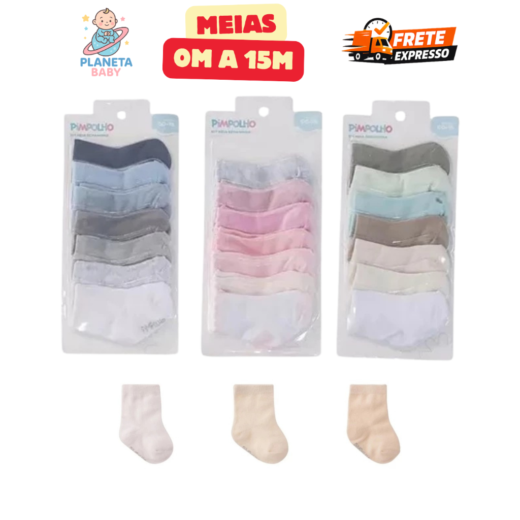 Kit 7 Meias Bebe Pimpolho Liso Neutro Menino Menina Branco Rosa Azul Meia Infantil Recem Nascido