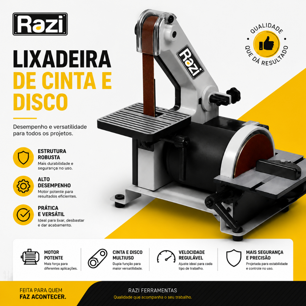 Lixadeira de Cinta Combinada Lixadeira Bancada 300W 127v Lixadeira de Fita e Disco Razi