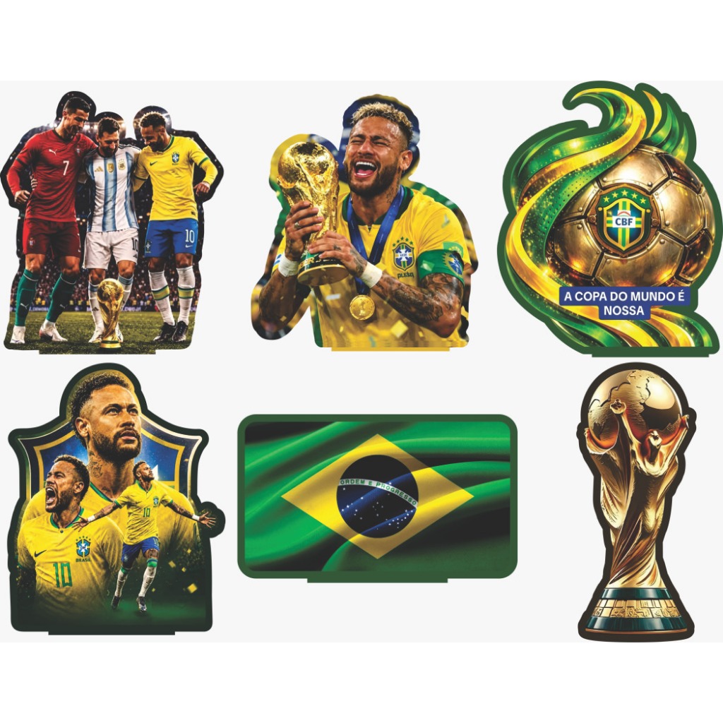 Kit Display de Mesa 6 Peças Para Festa Brasil na Copa do Mundo 2026 Feito em MDF