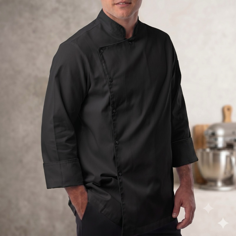 Dolmã Jaleco Chef Cozinha Oxford Preta Manga 3/8 Botão Pressão Nome Bordado Unissex Gastronomia Restaurante Dolma Doma