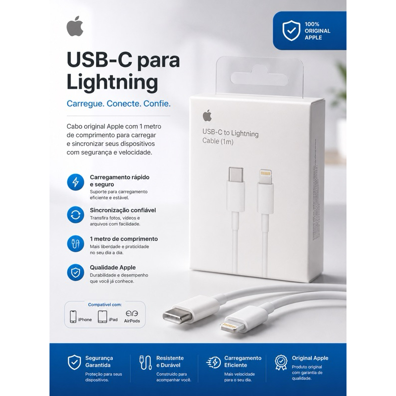 Cabo Apple Original USB-C para Lightning 1 Metro Qualidade Premium