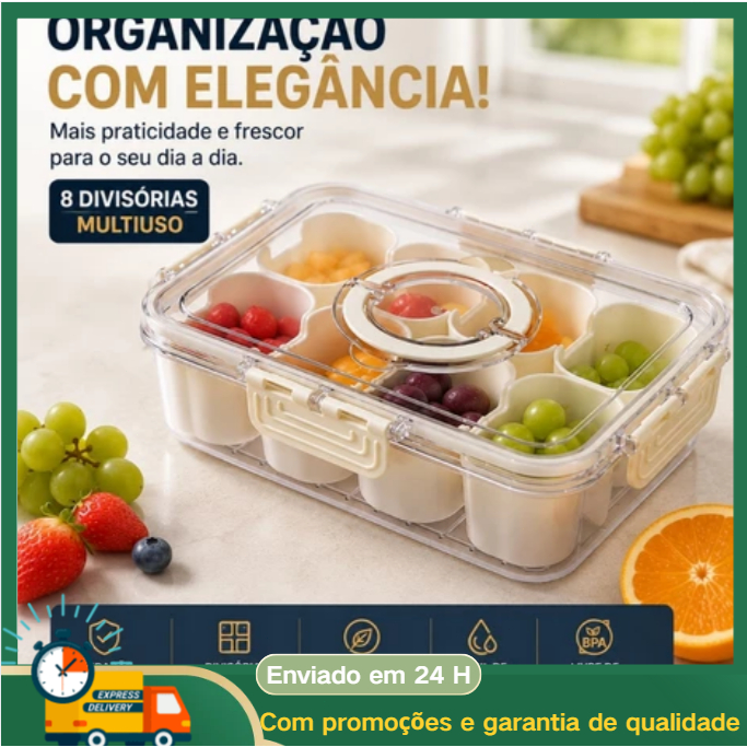 Pote Organizador de Geladeira Hermético Multiuso Com 8 Divisórias Para Alimentos e Verduras