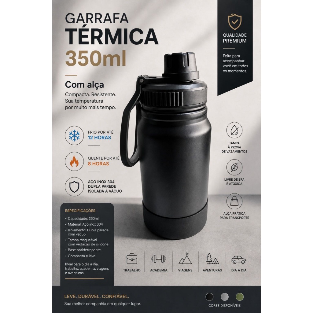 Garrafa Térmica Com Alça E Base Silicone AntiDerrapante 350ml Tampa Rosqueável Portátil Academia Escritório