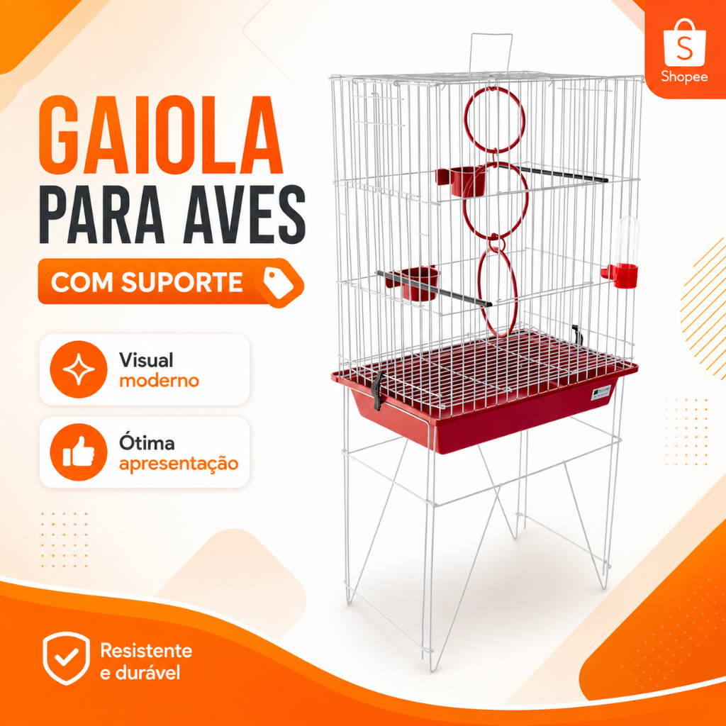 Gaiola Viveiro para Aves com Suporte e Acessórios Inclusos - Em Arame, Bandeja Removível