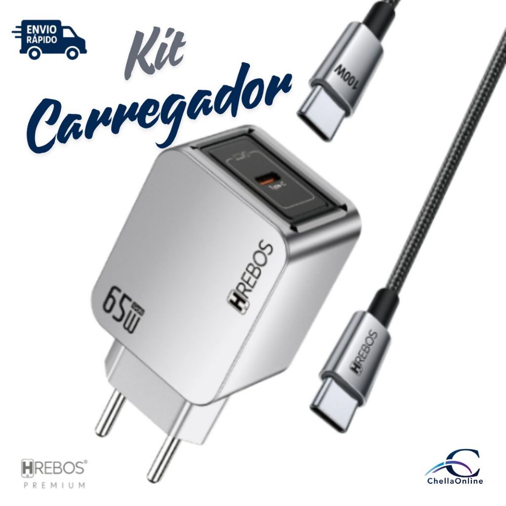 Kit Carregador + Cabo TipoC Hrebos Blink Charge 65W GaN USB-C Turbo PD para Notebook Celular CRG-388