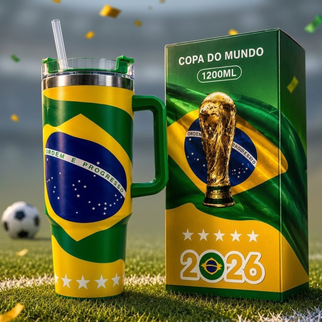Copo Térmico Brasil 1200ml Copa 2026 Aço Inox Canudo Tampa Alça Presente Futebol Caneca Grande