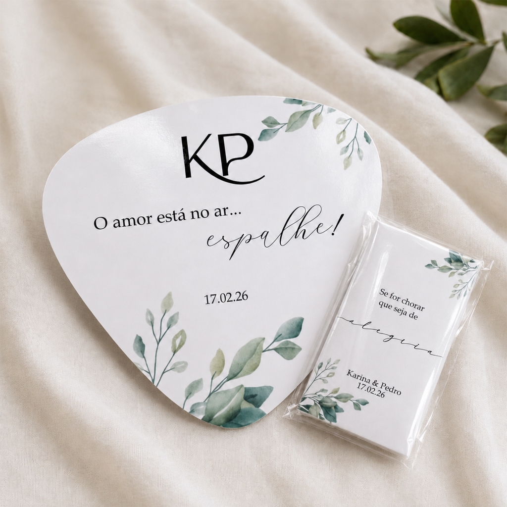 Kit 60 Unidades Lágrima de Alegria e Ventarola Leque Abanador para Casamento Personalizado Minimalista Lagrima